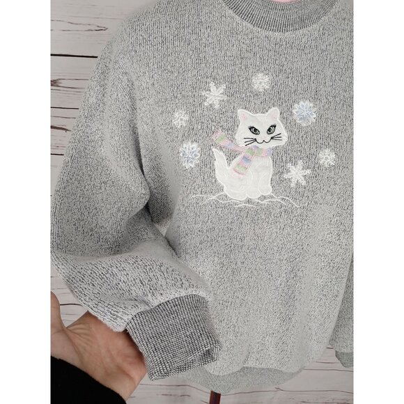 Vintage Bon Worth Gray Cat Embroidered Sweatshirt Women’s Size Medium‎ Petite - Picture 6 of 8